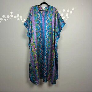 Winlar Sarena Long Satin Caftan OSFM Blue Floral Lounge Dress